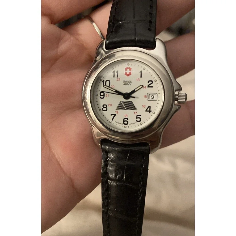 Vtg Ladies 90s Swiss Army White Dial Black Leather Quartz Watch Swiss Alps Logo